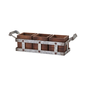 Organisateur de rangement de table rustique en bois et métal galvanisé à 3 compartiments avec poignées latérales - Product Image 1
