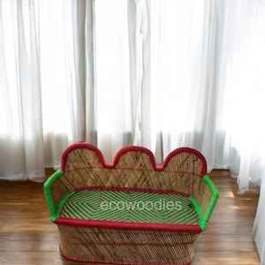 Sarkanda Elégant canapé 2 places en osier moderne intérieur/extérieur jardin salon Console incrustée d'os bambou naturel - Product Image 2