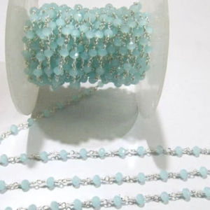 Aqua Chalcedony Rondelle Faceted Size 3-4mm Hydro Quartz Beaded Wire Wrapped <b>Rosary</b> Chain - Product Image 1