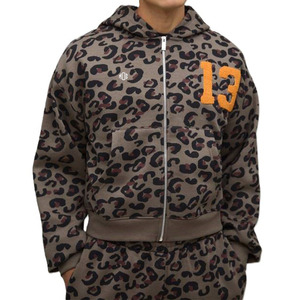 เสื้อฮู้ดซิปพิมพ์ลายเสือดาวสำหรับผู้ชาย ผ้าเชนิลล์ปักโลโก้ตามสั่ง ผ้าฝ้ายฟลีซ สตรีทแวร์ เสื้อฮู้ดซิปเต็มตัว ทรงโอเวอร์ไซส์ สวมใส่สบายๆ - Product Image 2