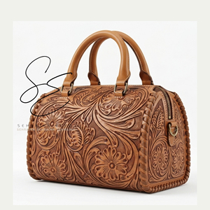 Sac de voyage en cuir véritable Western, sac de voyage en cuir repoussé avec fermeture éclair et bandoulière, sac Speedy tendance en cuir de vachette de taille moyenne pour cowgirl - Product Image 2