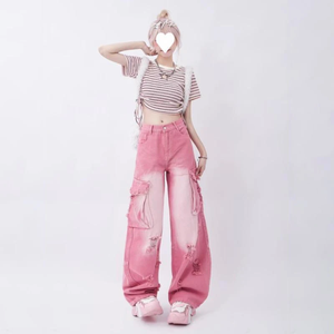 Jean en denim de coton délavé à effet dégradé, coupe ample taille mi-haute, couleur personnalisée, pour femme, style streetwear décontracté d'hiver, séchage rapide - Product Image 5