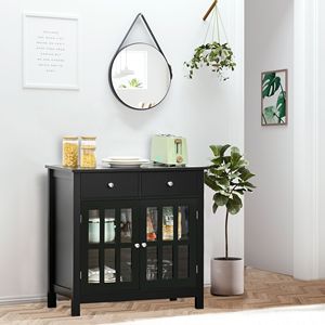 Farmhouse and Dining <b>Sideboard</b> Buffet Cabinet with Glass Doors 2 Drawers and Adjustable Shelf Black <b>Kitchen</b> Storage Cupboard - Product Image 2