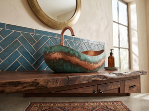 Handmade Copper Green Patina <b>Bathroom</b> Sink <b>Rustic</b> <b>Vanity</b> Basin Handcrafted Oxidized Copper Vessel Wash Basin Luxury Decorative - Product Image 5