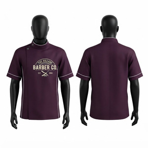 Veste de barbier unisexe en polyester et élasthanne respirant 180 GSM de qualité supérieure, couleur prune foncé, avec passepoil contrastant et logo imprimé numérique personnalisé - Product Image 1