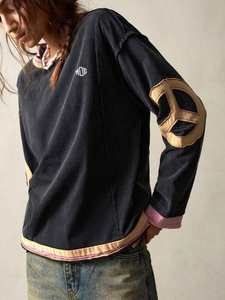 Custom Patch Applique Vintage Washed Oversized Contrast Layered Hem Black Women's Sweatshirt Hoodies Private Label High Street - Product Image 5