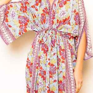 Vestido Kaftan de Algodón con Estampado a Mano, Talla Única, Estilo Boho Chic, Ropa de Resort India - Product Image 2