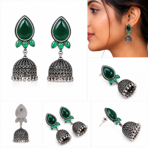 Boucles d'oreilles Jhumka en alliage de zinc plaqué argent, imitation onyx traditionnel, faites à la main, style vintage, ethnique, indien, bohème, pour soirée - Product Image 6