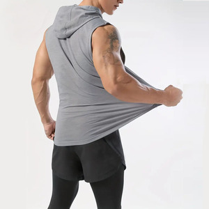 Camiseta sin mangas con capucha para hombre, 100% algodón, cuello en V, con bolsillos, de secado rápido, ecológica, azul sólido, deportiva, estilo musculoso - Product Image 5