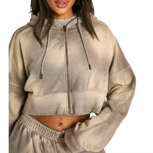 Hoodie en molleton court pour femmes de qualité supérieure |   Sweat-shirt court zippé |   Vêtements de détente de créateur effet délavé |   GEO BROTHERS Coton Écologique - Product Image 1