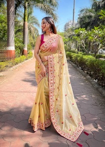 Sari en filet brodé de diamants de créateur, design ethnique moderne, lavable, non cousu, pour fêtes et mariages, pour femme Fatema - Product Image 3