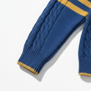 Cardigan en tricot bleu pour femme avec bordure jaune et logo sur la manche, style preppy, vêtement d'automne - Product Image 5