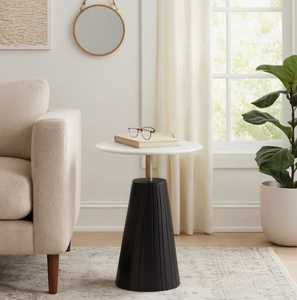 Modern Mood Modern Round <b>Marble</b> Top Coffee <b>Table</b> With Black Ribbed Base And Brass Stem For Living Room Furniture - Product Image 4