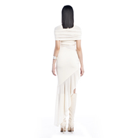 Robe de soirée blanche pour femmes Décolleté à épaules dénudées Longueur de thé Style asymétrique Tricot de papier Taille tressée Tricoté Mode élégante