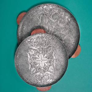 Round Embossed Metal Serving Tray Set with Wooden Handles Vintage Floral Patterned Silver Platters for Home Decor and Catering - Product Image 1
