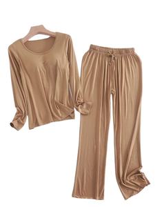 Women Solid Woven Night Suit Cotton Two Piece Sleepwear <b>Set</b> Front Logo High Quality Quick Dry Breathable - Product Image 5