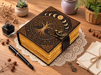 Carnet Grimoire en Cuir Rigide Grand Format 'Herb Heritage' avec Motif Arbre de Vie, Livre de Sortilèges Célestes, Reliure Cousue, Pages Vintage Effet Aquarelle