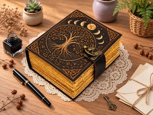 Herb Heritage Large Hardcover Leather Grimoire Tree <b>Life</b> Notebook Celestial Spell <b>Book</b> Sewing Bound Water Color Vintage Old Page - Product Image 3