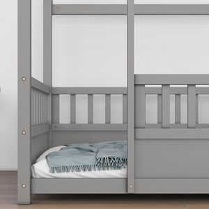 Letto in Legno per Bambini Misura Twin con Struttura a Tetto di Casa Grigio e Sponde di Sicurezza - Product Image 3