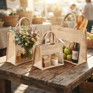 Sac fourre-tout en jute naturel en gros avec fenêtre transparente en PVC, réutilisable, trois tailles, logo personnalisé OEM, poignée en corde - Product Image 3
