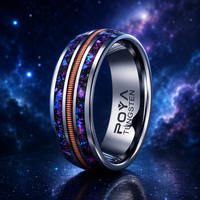 Bague de mariage pour homme en tungstène argenté de 8 mm avec incrustation de corde de guitare et pierre concassée bleue et violette, ajustement confortable, vente en gros
