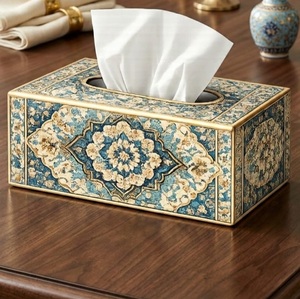 Premium Golden Tissue <b>Box</b> Cover Leather Texture Rectangular Tissue Paper Holder with Lid - Product Image 6