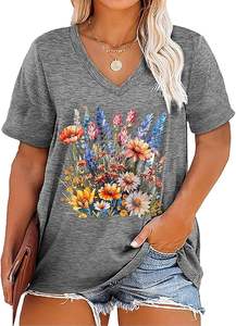 เสื้อยืดผู้หญิงคอวี พิมพ์ลายดอกไม้ ผ้าฝ้าย 100% คุณภาพสูง สำหรับฤดูร้อนปี 2026 รับผลิตตามแบบ (OEM)  พร้อมสกรีนโลโก้  ไซส์ใหญ่ - Product Image 5