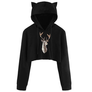 Sudadera con capucha corta con orejas de gato y estampado de ciervo con pedrería, corte regular, unisex, informal, de invierno, de punto. - Product Image 4