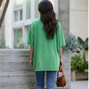 Camiseta Verde Oversize de Manga Corta con Diseño de Puntos, Cuello Redondo, Informal, Tejida y Transpirable para Hombre - Product Image 4