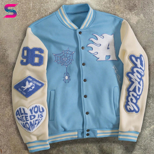Good Selling Unique Design Patchwork <b>White</b> Blue Contrast Color Adult Outer Wear Breasted College Baseball Letterman <b>Jackets</b> - Product Image 3