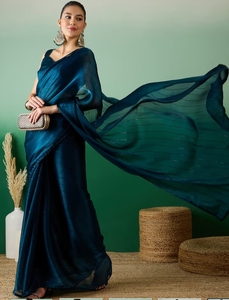 KV Indian Women Teal Stripes Saree - Product Image 4