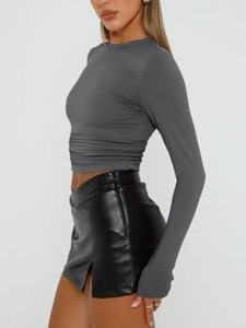 Top Corto de Punto Gris para Mujer, Manga Larga, Cuello Redondo, Color Sólido, Corte Ajustado, Estilo Y2K, Transpirable, para Todas las Temporadas, Venta al Por Mayor - Product Image 4
