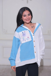 Women's Office Bohemian Knitted Button Down <b>Shirt</b> with Embroidery Contrast <b>Color</b> Balloon Sleeve Loose Fit Turn-down Collar Top - Product Image 4
