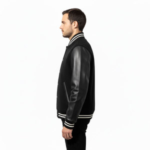 Veste varsity noire premium avec manches en cuir contrastées, veste letterman noire, manches en cuir, vestes varsity personnalisées - Product Image 3