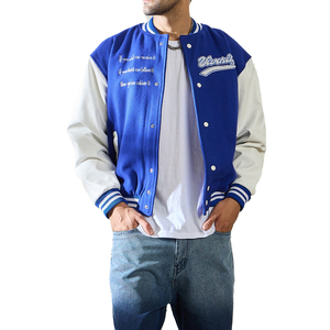Veste universitaire bleue et blanche pour homme, style bomber, boutonnée, avec poignets côtelés, streetwear décontracté - Product Image 1