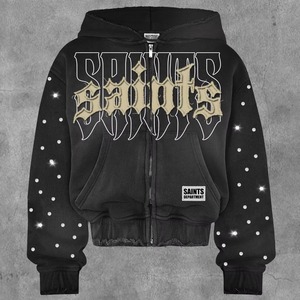 <b>Black</b> Rhinestone Hoodie <b>Men</b> Oversized Zip-Up Front Letter Design Hip Hop Style Cotton Knitted Sweatshirt Autumn Wear - Product Image 5