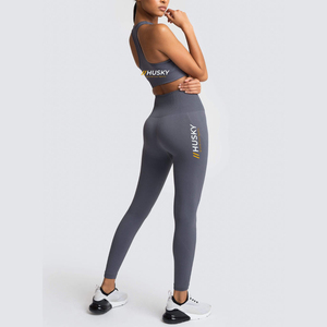 HUSKY Women's Ribbed Sports <b>Bra</b> Leggings Set <b>Blue</b> Seamless Fitness Wear Breathable Racerback Scoop Neck High Support - Product Image 3