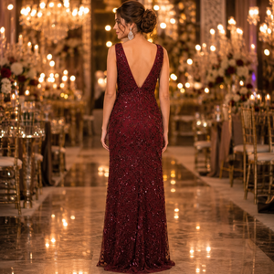 Luxury Burgundy Wine <b>Red</b> <b>Sequin</b> Mermaid Evening Gown | Deep V Neck Sleeveless Floor Length Formal Party Cocktail Wedding Maxi - Product Image 4