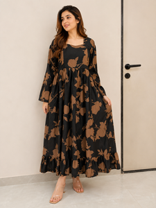 Vestido Western de Mujer con Estampado Floral, Color Marrón, Manga Larga, Escote Corazón, Cinturón con Lazo, Dobladillo con Volantes, Ropa Casual para Fiesta - Product Image 1
