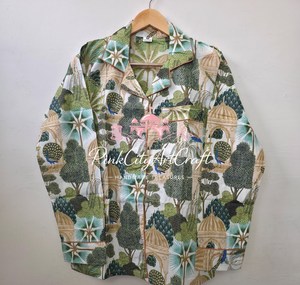 Ensemble de pyjama pour femmes, imprimé tropical palmier et paon, pur coton respirant, écologique, chemise à manches longues boutonnée assortie - Product Image 3
