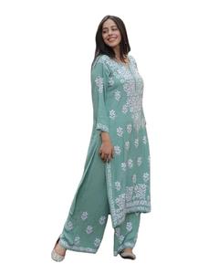 Green Rayon Embroidered Kurta Palazzo Set Women Indian Wear V Neck Long Sleeve Traditional Casual Outfit - Product Image 1