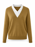 Pull en tricot pour femme, style coréen, effet deux pièces, couleur unie, col en V, collection automne/hiver, style preppy, polyvalent, minimaliste, pour le travail