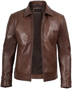 <b>Brown</b> <b>Leather</b> <b>Jacket</b> <b>Men</b> Zip Up Turn Down Collar Moto Biker Style Casual Outerwear Autumn Wear Regular Fit Cotton Lining - Product Image 4