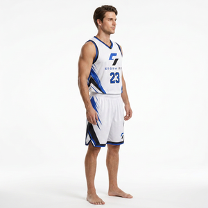 Conjunto de Uniforme de Baloncesto para Hombre Storm Fit, Sublimado, Cuello en V, Sin Mangas, Blanco y Azul, Absorbente de Humedad, Deportivo - Product Image 3