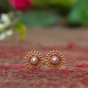 Kemp Geometric Round Stud Earrings with Zircon and Pearl for Wedding and Party - Product Image 3