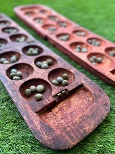 Organic Design Hand Carved Wooden Mancala <b>Board</b> Game Strategy Tabletop with Green Glass <b>Bead</b> Pieces DIY Game - Product Image 5