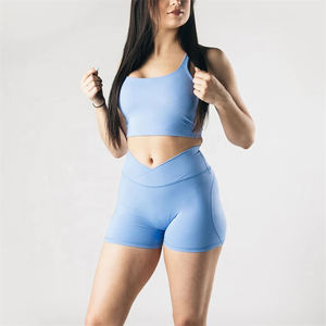 Women's Blue Yoga Set Square Neck Spaghetti Strap Crop Top High Waist <b>Shorts</b> 2 Piece <b>Seamless</b> Solid Color Sportwear - Product Image 1