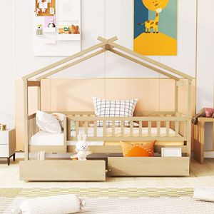 Letto a casetta in legno per bambini, singolo, con due cassetti, colore naturale - Product Image 2