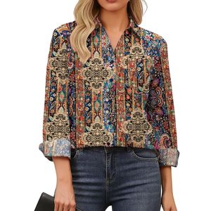 Custom Paisley Motif Women Dress Shirt Folded Neck Tapered Fit Smooth Rayon Tailored Bohemian <b>Preppy</b> Modest Party <b>Tops</b> - Product Image 3