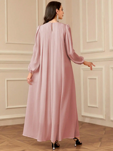 Vestido de Noche Largo para Mujer, Estilo Modesto, Liso, Recto, de Gasa, con Manga Regular, Cuello Transpirable, Ecológico, Cintura Natural, Sencillo - Product Image 5